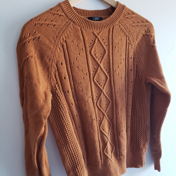 J. Crew Crewneck cable pointelle cotton sweater Small Scandi Pumpkin Caramel - Picture 1 of 10